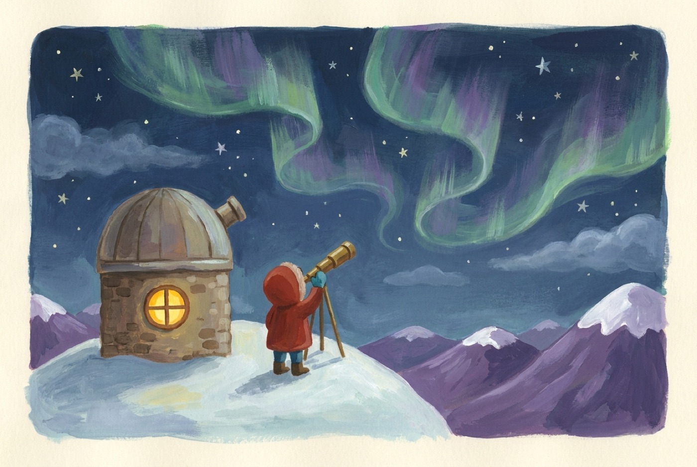 A child at an observatory beneath the northern lights