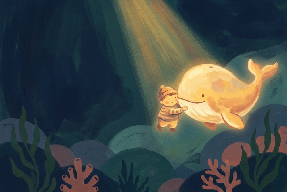 A child swimming beside a glowing whale in the ocean depths